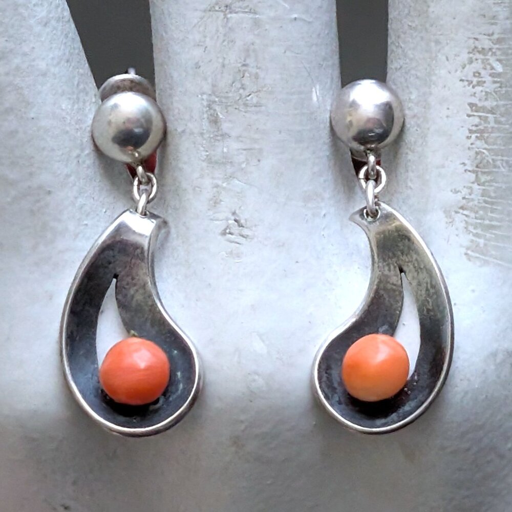 Antique Sterling Silver Salmon Red Orange Coral Teardrop Dangle Drop Earring